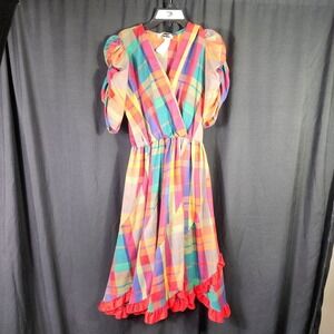 Vtg‎ Rainbow Plaid Puff Sleeve Ruffle Hem Midi Dress 80s Retro Whimsigoth Disco
